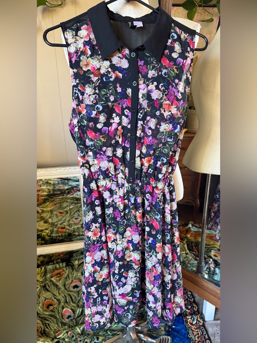 Divided by H&M button front collared floral mini dress, sheer back, size 10